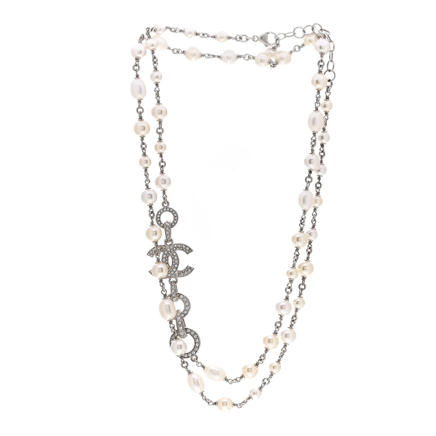 Crystal Pearl CC Long Necklace Silver