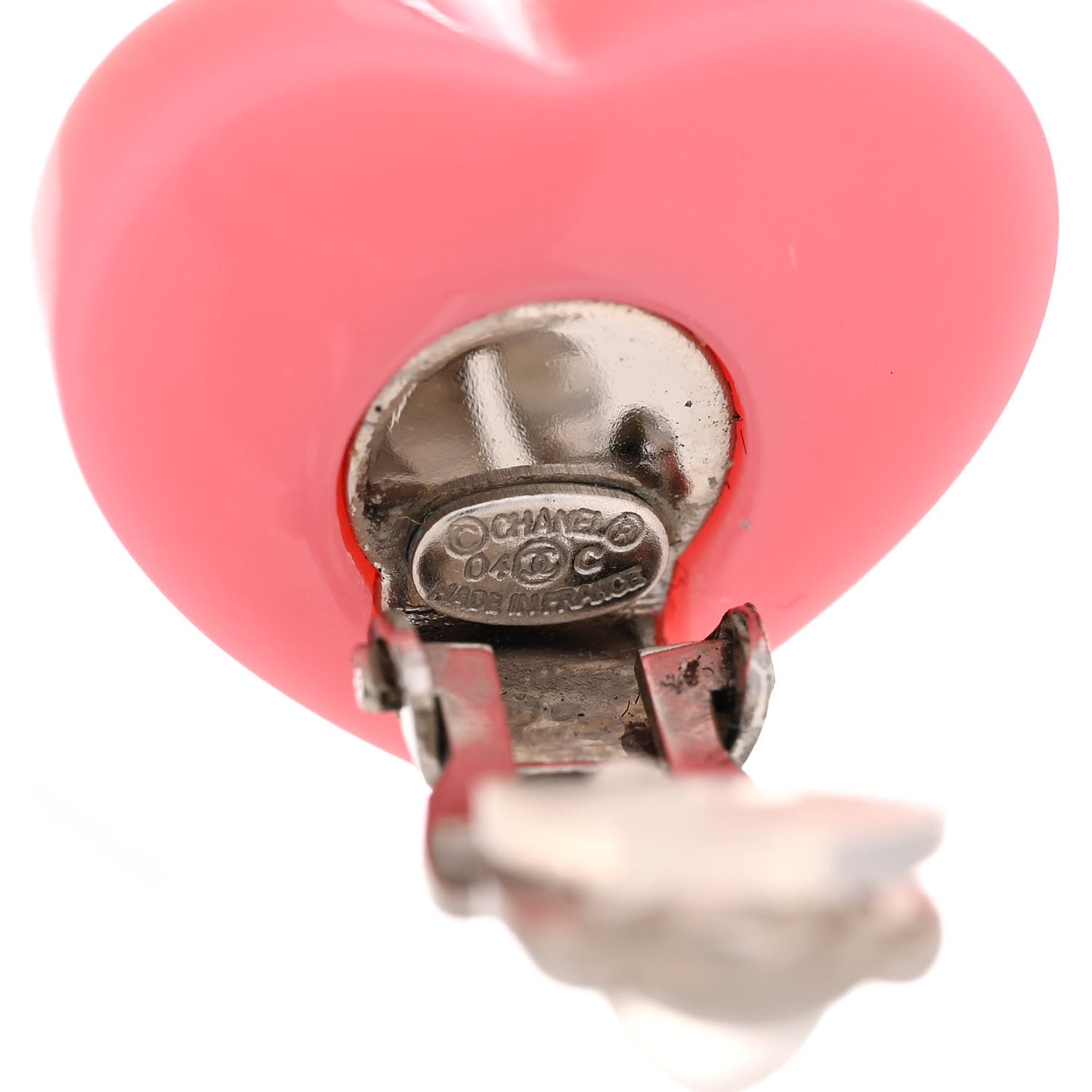 Acrylic CC Heart Clip On Earrings Pink