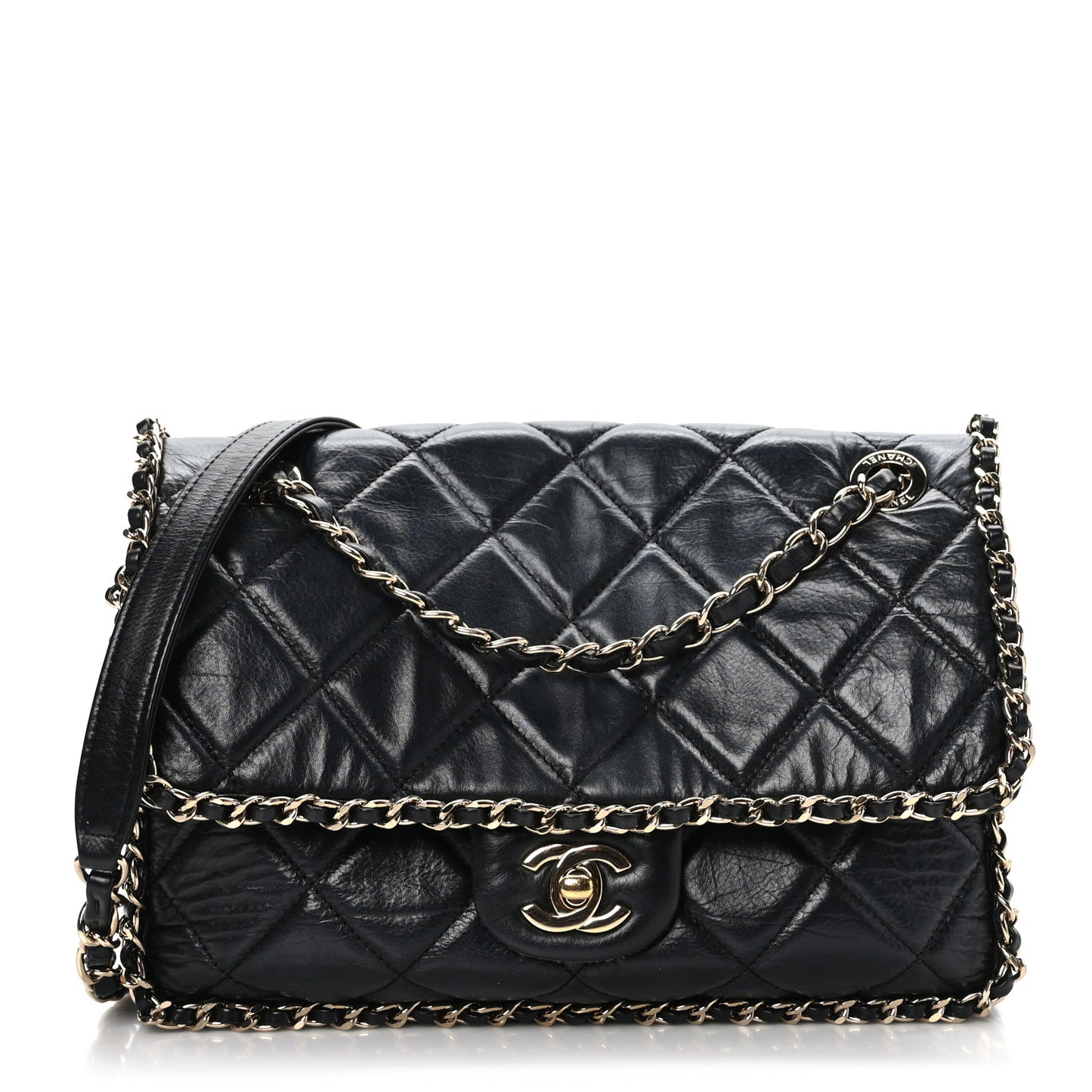 Crumpled Calfskin Medium Chain All Over Flap Black