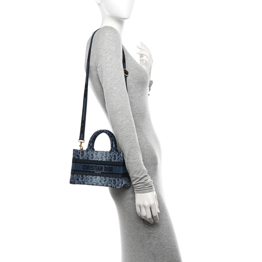 Denim Oblique Mini Book Tote With Strap Blue