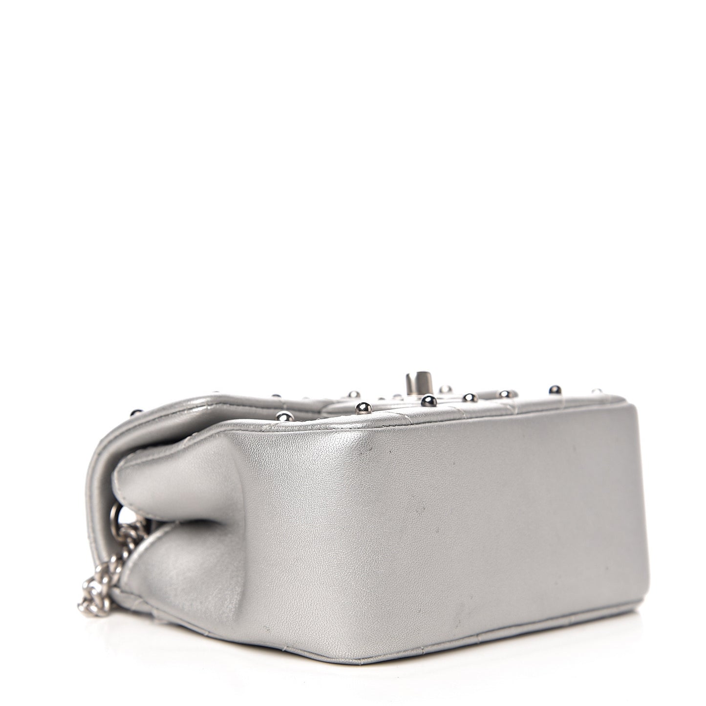 Metallic Lambskin Chevron Quilted Studded Mini Flap Silver