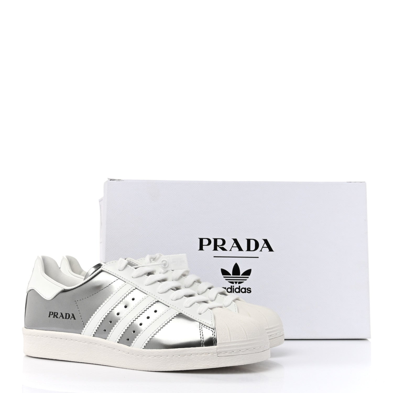 Prada X ADIDAS Brushed Calfskin Logo Mens Superstar Sneakers 8.5 Silver  White 1035315 – FASHIONPHILE