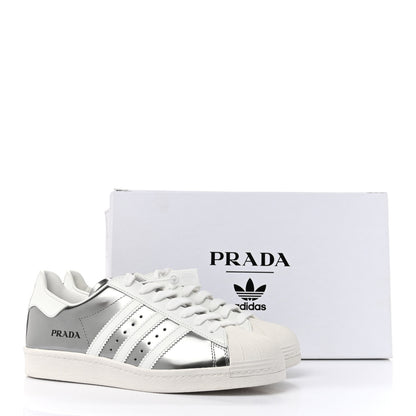 Prada X ADIDAS Brushed Calfskin Logo Mens Superstar Sneakers 8.5 Silver White 9 of 9