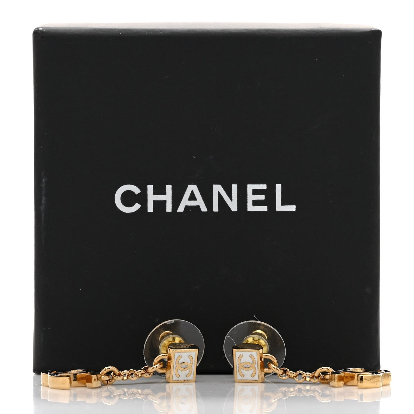 Metal Enamel CC Square Drop Earrings Black Gold White