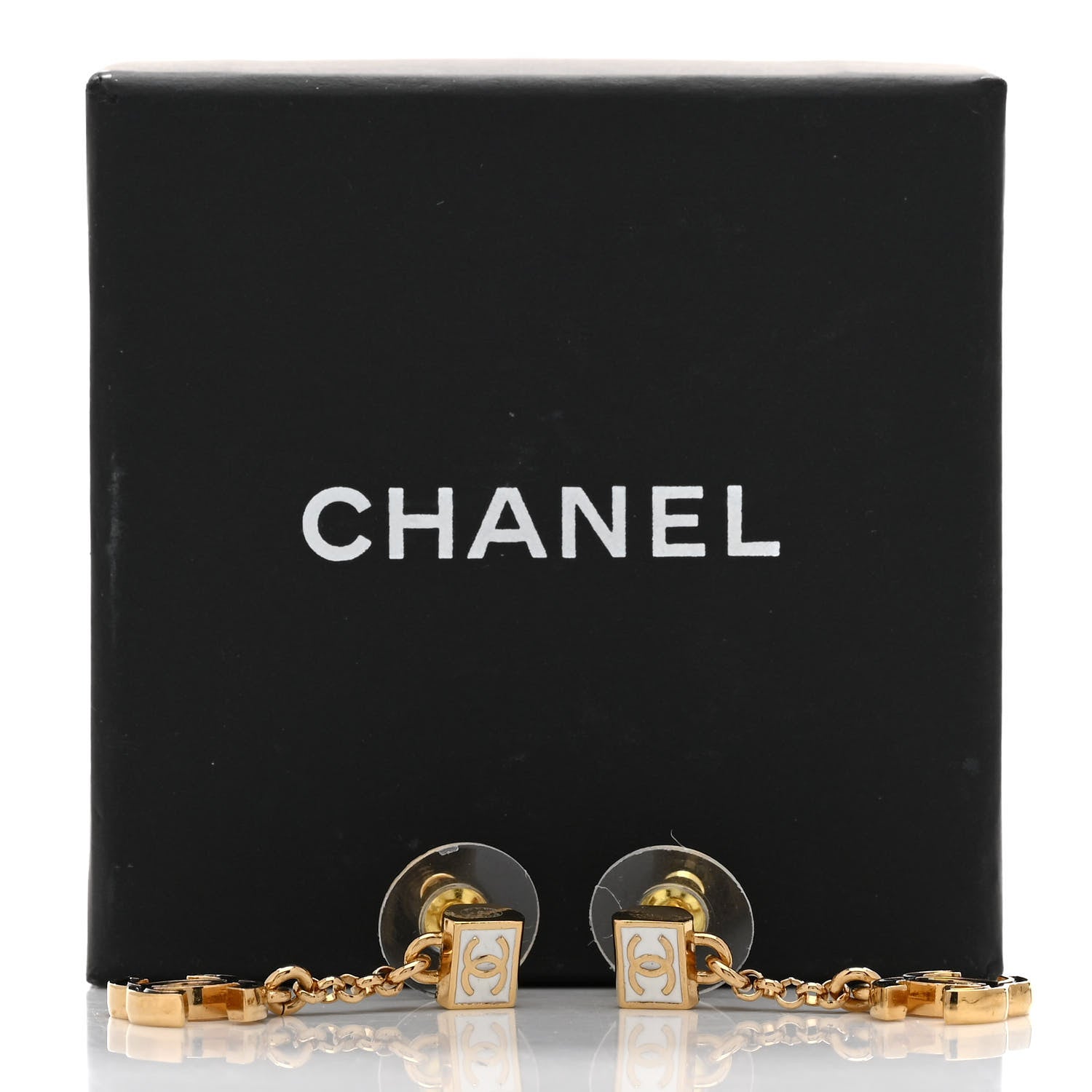 Chanel Metal Enamel CC Square Drop Earrings Black Gold White 5 of 5