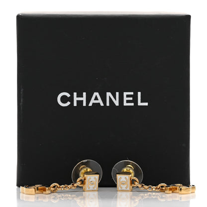 Chanel Metal Enamel CC Square Drop Earrings Black Gold White 5 of 5