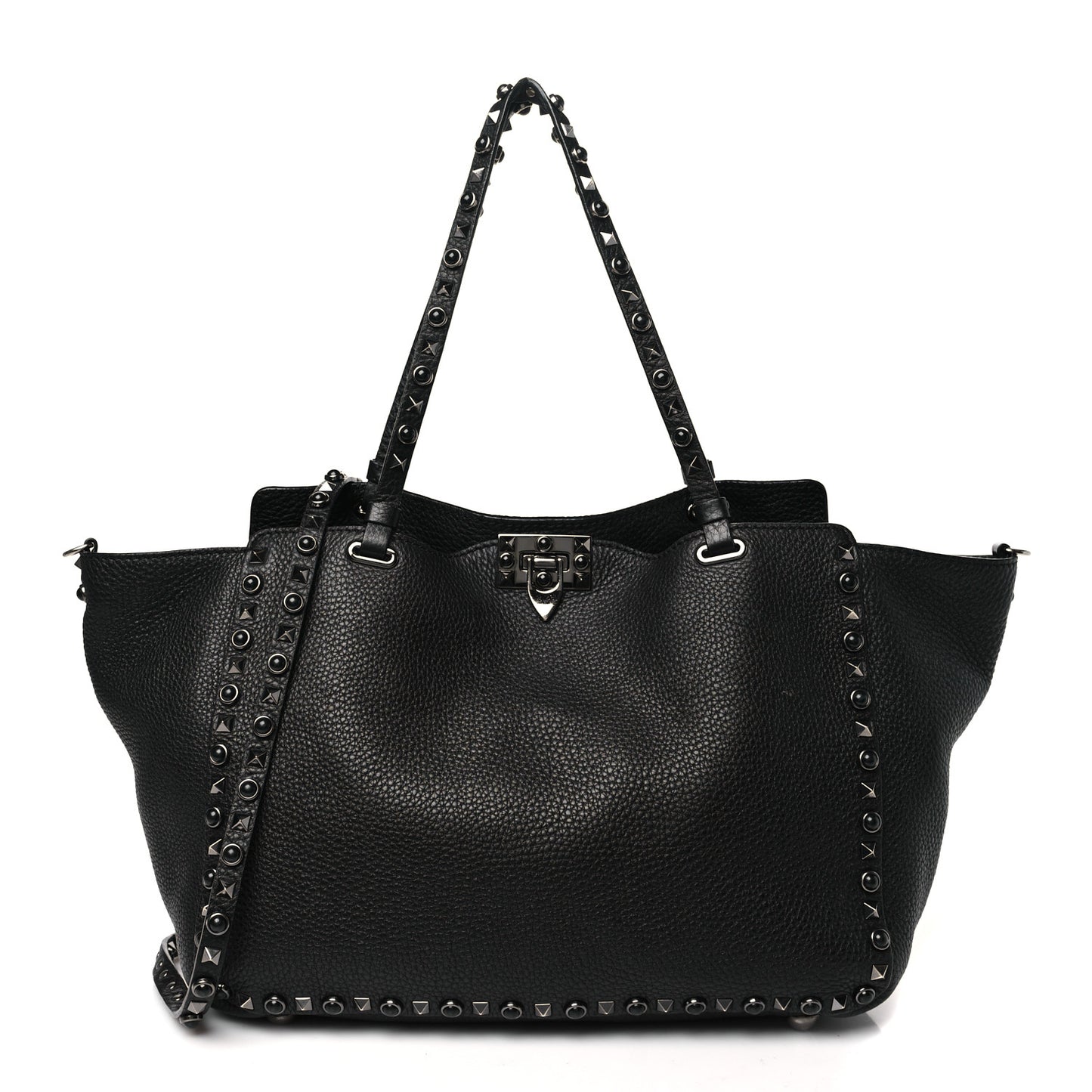 Grained Calfskin Onyx Medium Rockstud Rolling Tote Black