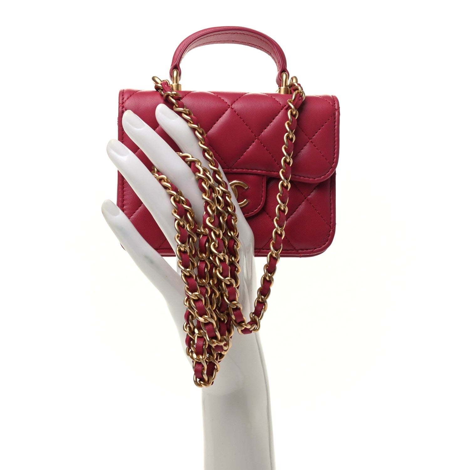Chanel Lambskin Quilted Top Handle Flap Coin Purse With Chain Dark Pink 2 of 9