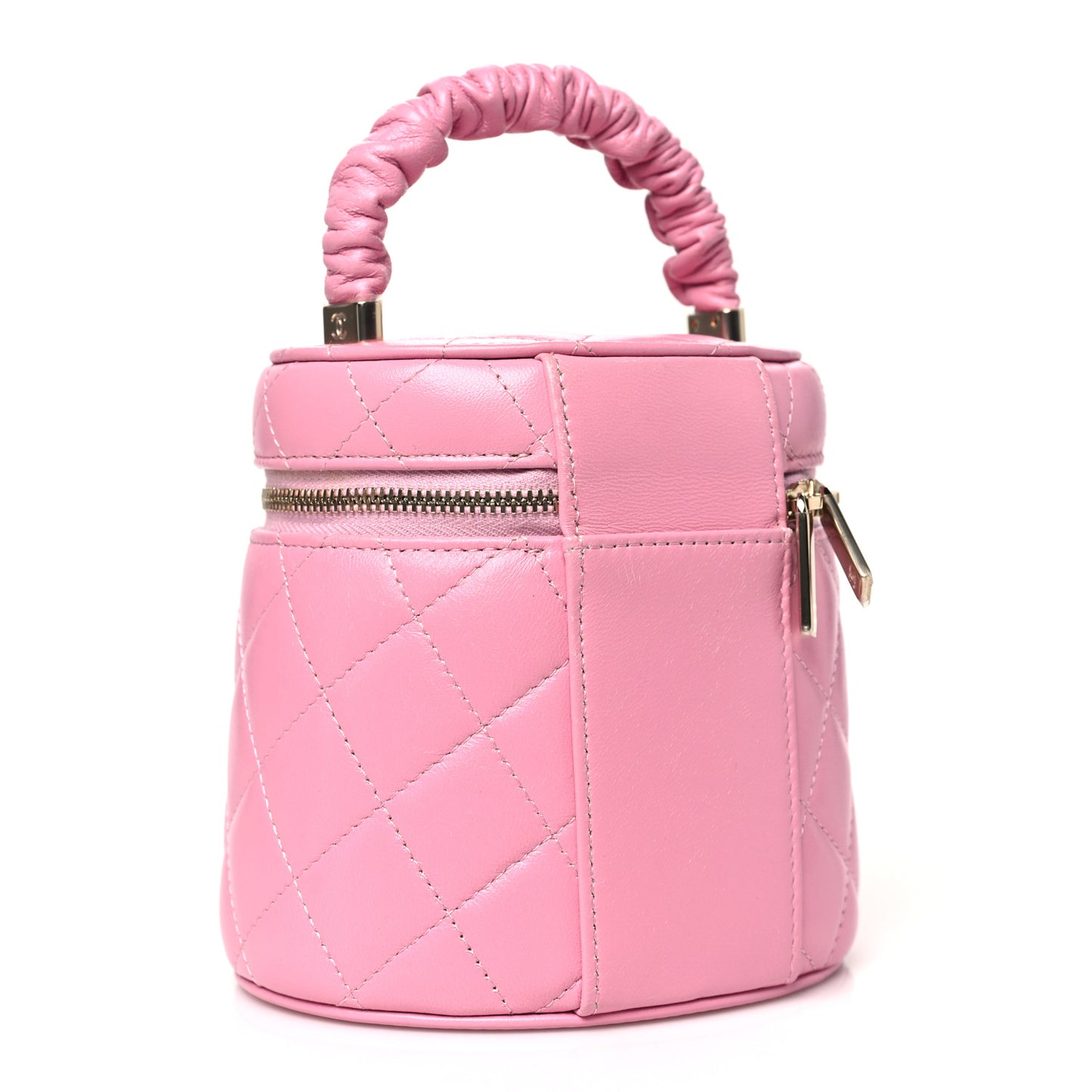 Lambskin Quilted Ruched Handle Vanity Case Pink
