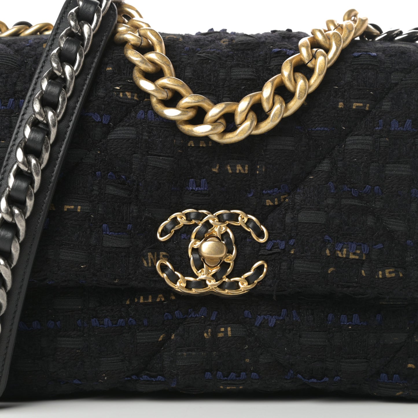 Tweed Quilted Medium Chanel 19 Flap Black Navy Gold