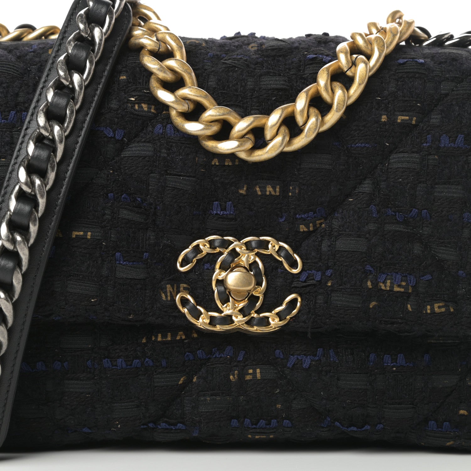 Chanel Tweed Quilted Medium Chanel 19 Flap Black Navy Gold 8 of 11