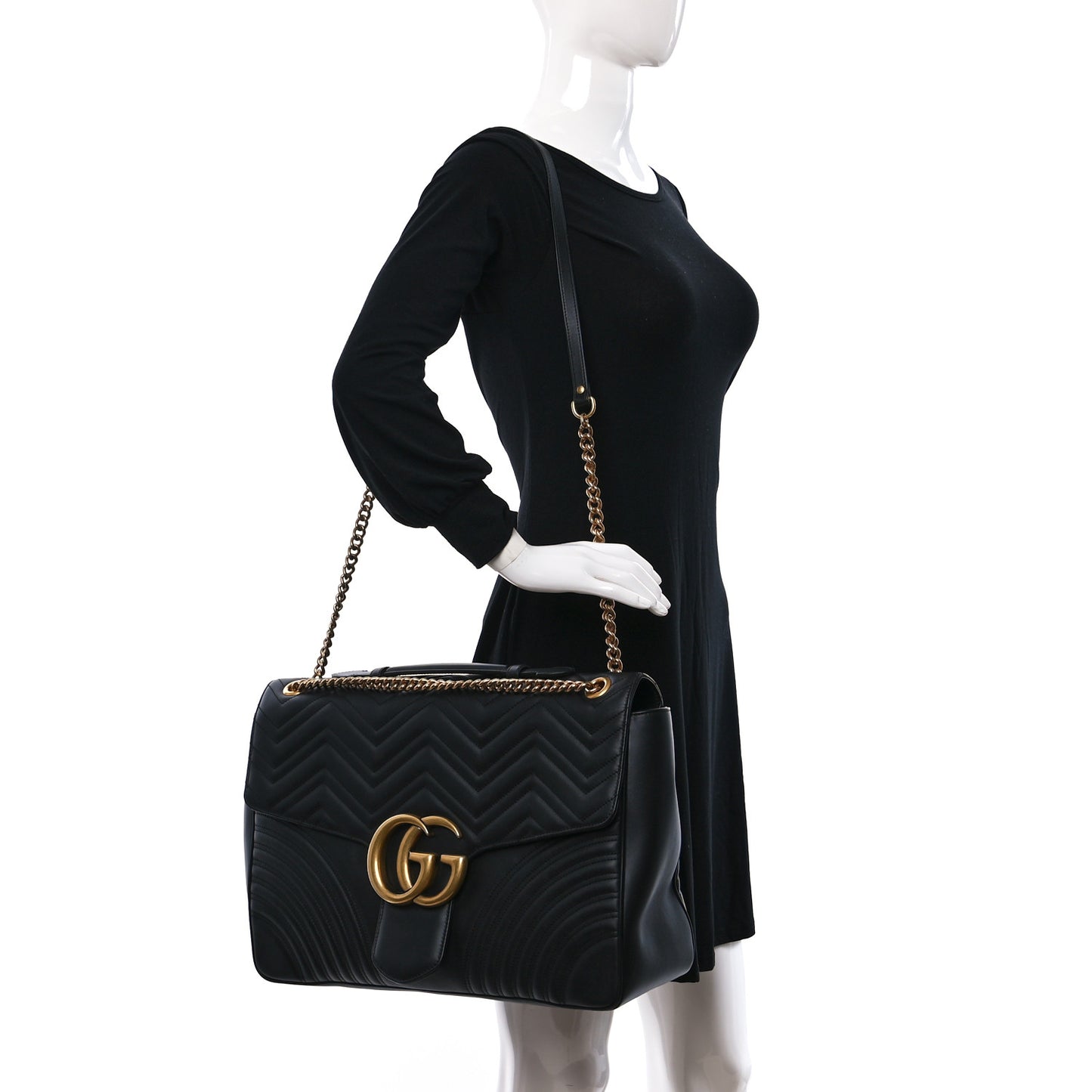 Calfskin Matelasse Maxi GG Marmont Top Handle Shoulder Bag Black