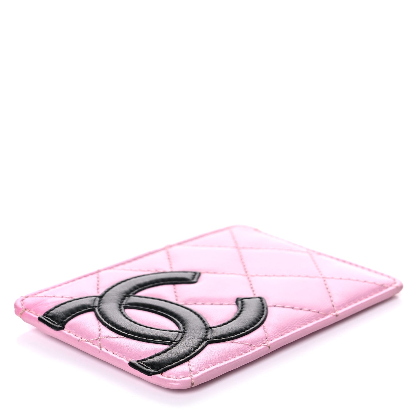 Calfskin Quilted Cambon Card Holder Pink Black