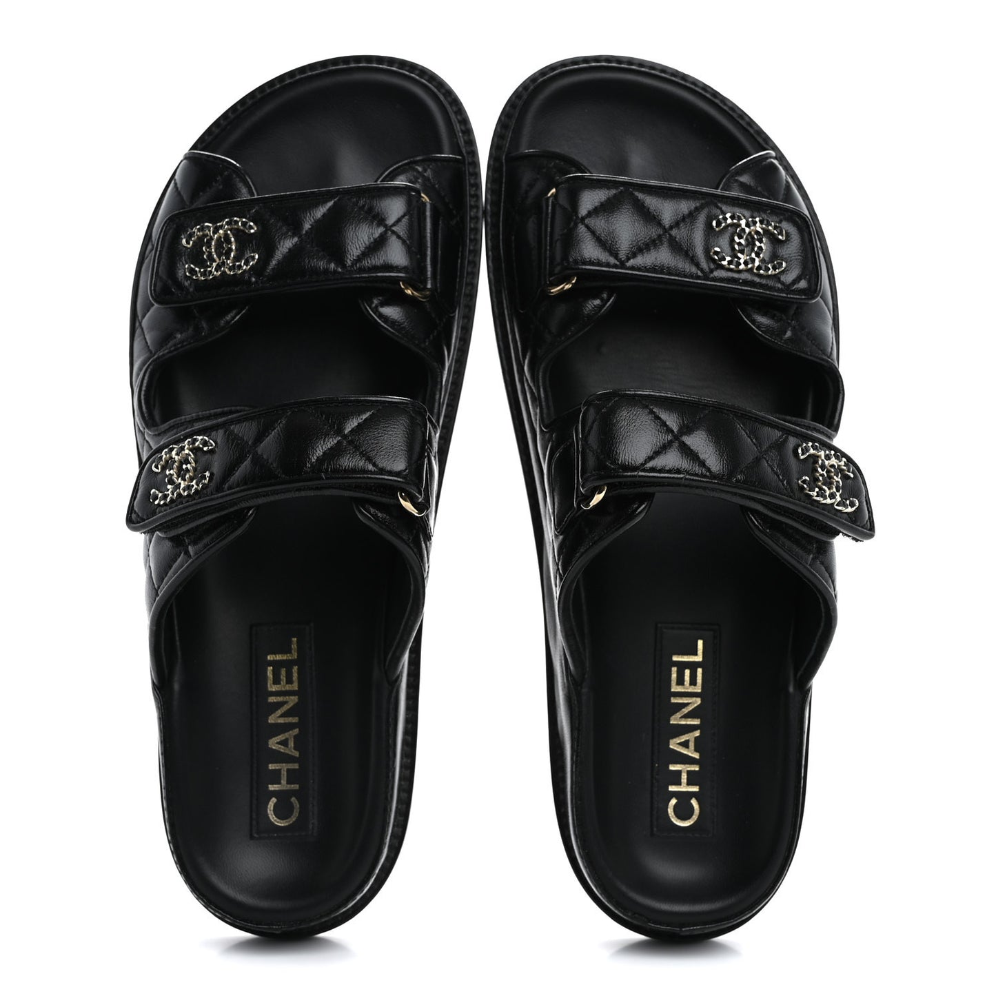 Lambskin Quilted Velcro Dad Chain CC Slide Sandals 39 Black