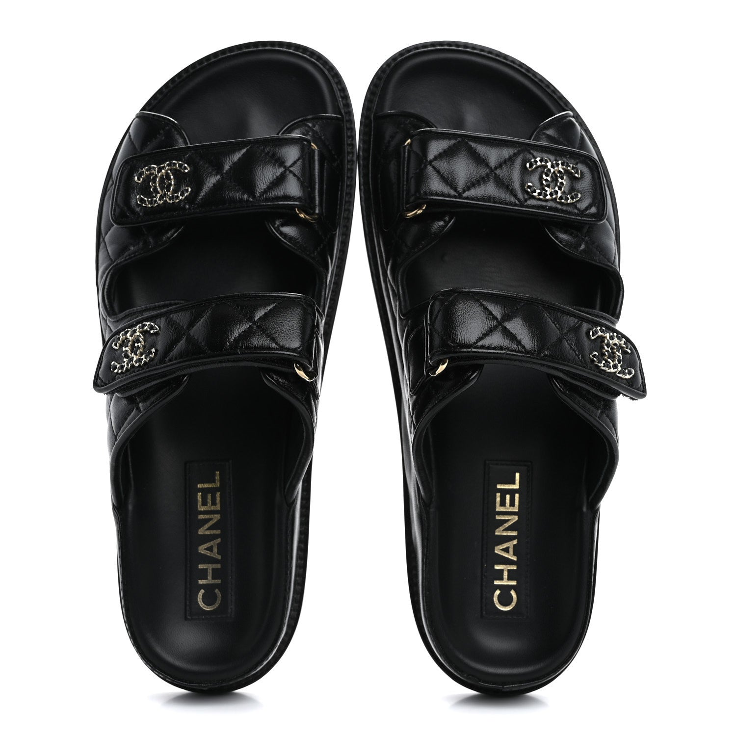 Chanel Lambskin Quilted Velcro Dad Chain CC Slide Sandals 39 Black 2 of 10