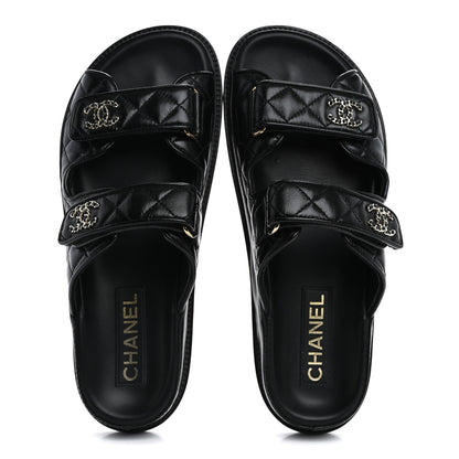 Chanel Lambskin Quilted Velcro Dad Chain CC Slide Sandals 39 Black 2 of 10
