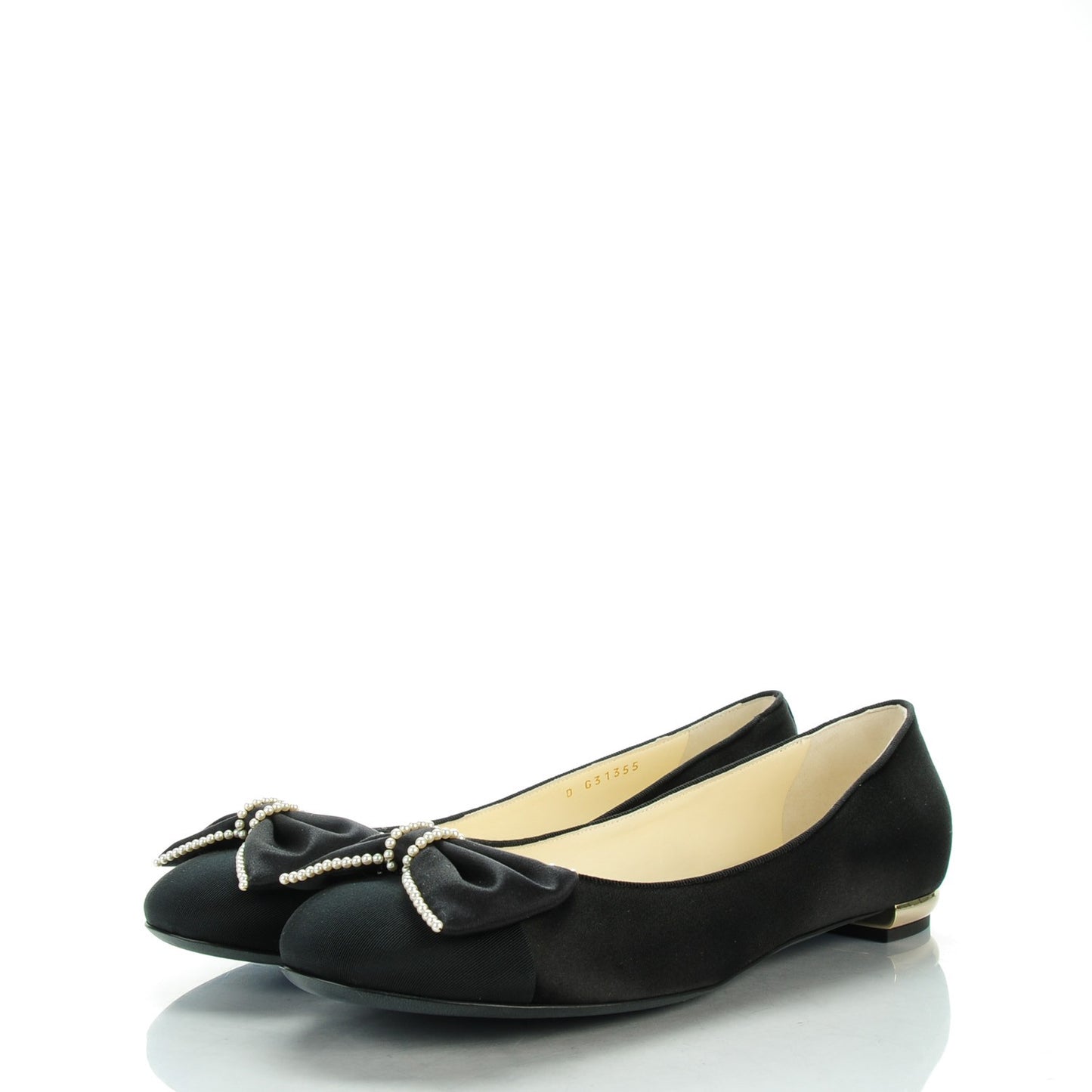 Satin Pearl Bow Ballerina Flats 41 Black