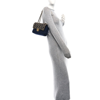 Chanel Tweed Sequin Timeless Classic Chained Double Flap Navy Blue 2 of 11