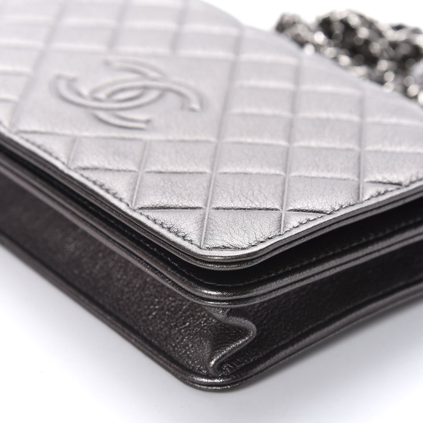 Metallic Goatskin Quilted Diamond CC Wallet On Chain WOC Pewter