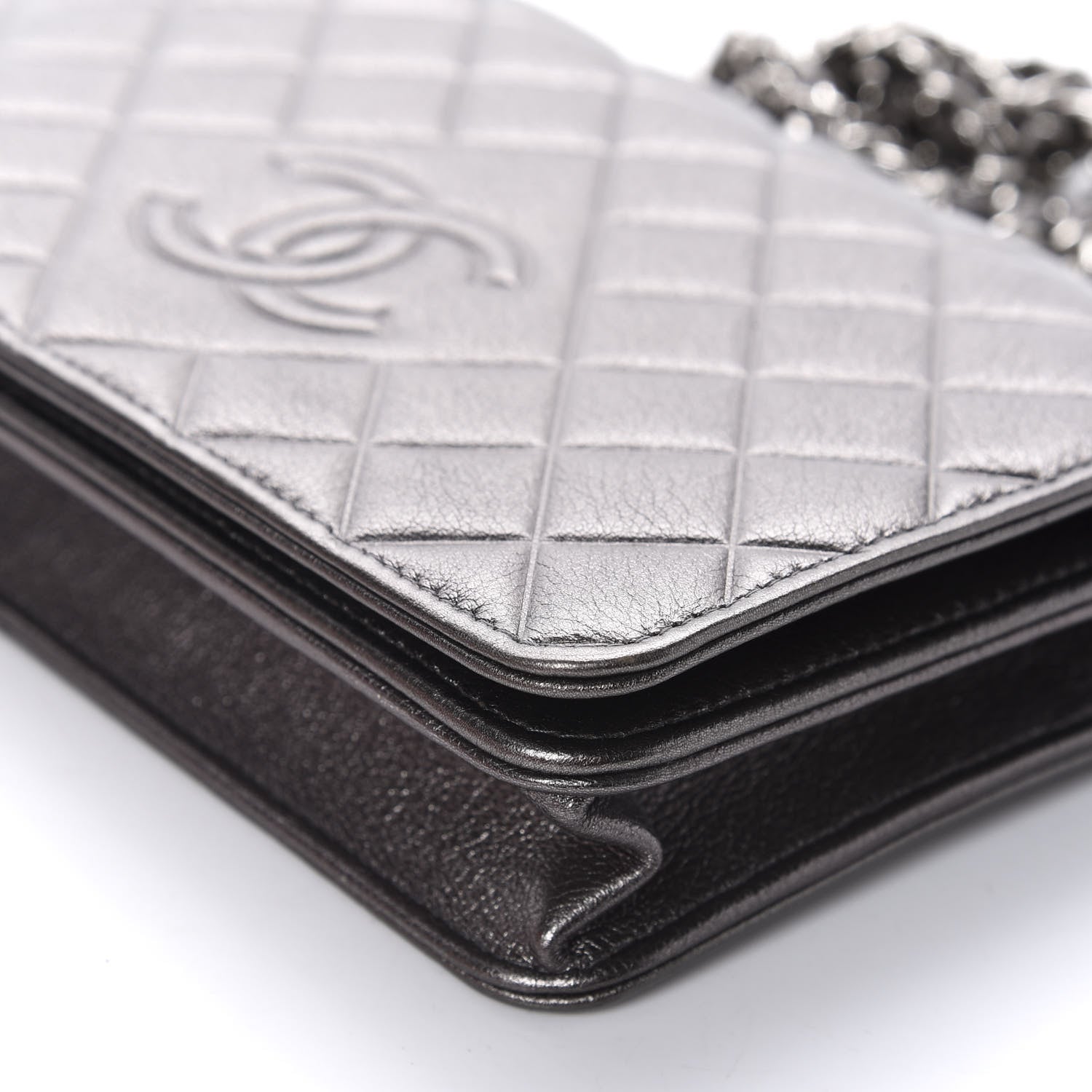 Chanel Metallic Goatskin Quilted Diamond CC Wallet On Chain WOC Pewter 7 of 12