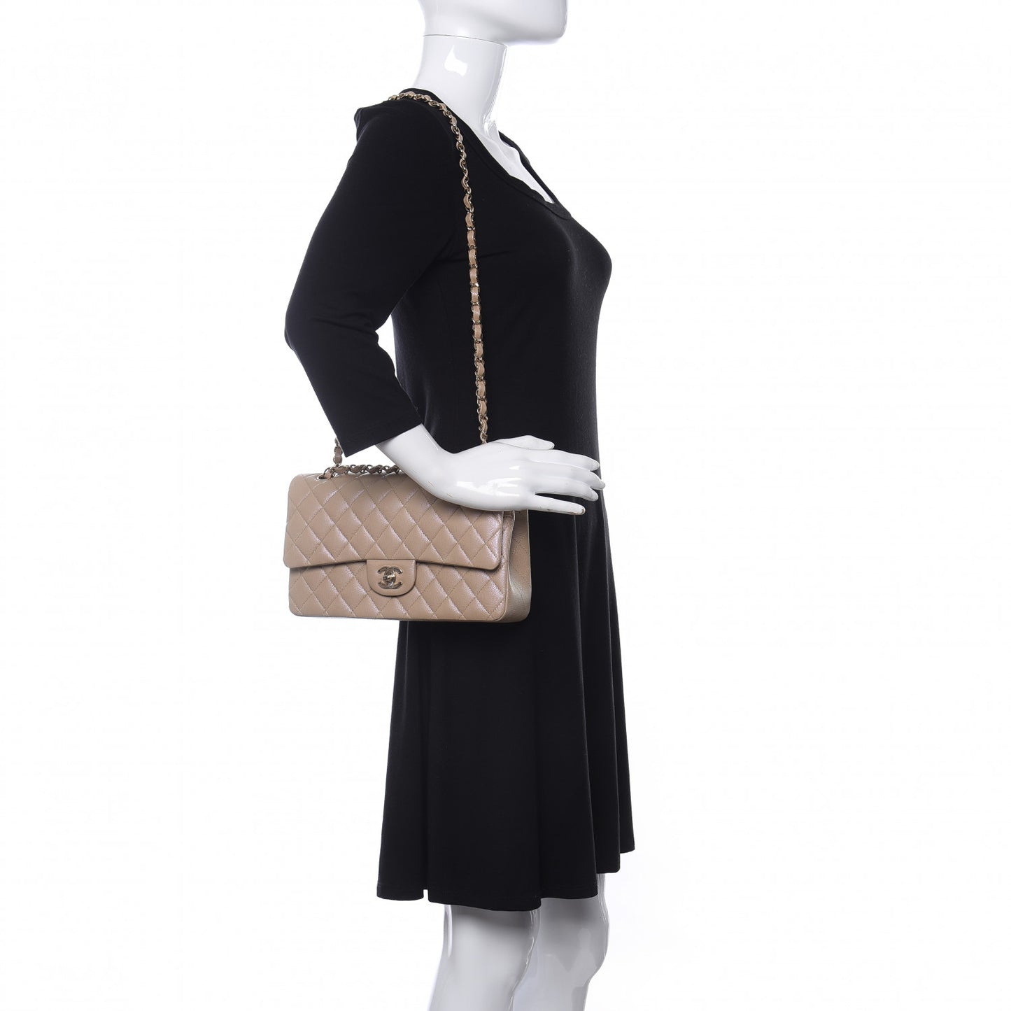Iridescent Caviar Quilted Medium Double Flap Dark Beige