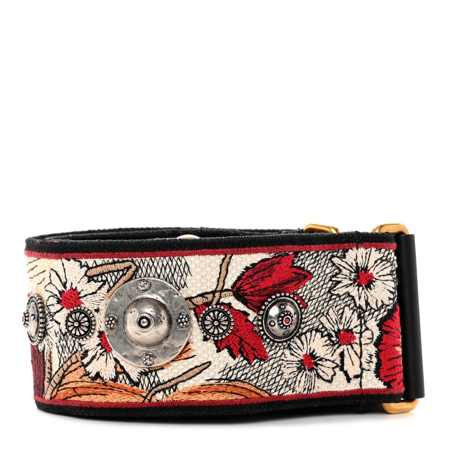 Canvas Embroidered Studded Floral Shoulder Strap Beige Multicolor