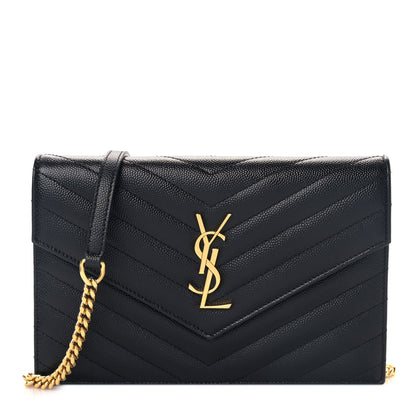 Saint Laurent Grain De Poudre Matelasse Chevron Monogram Envelope Chain Wallet Black 1 of 9