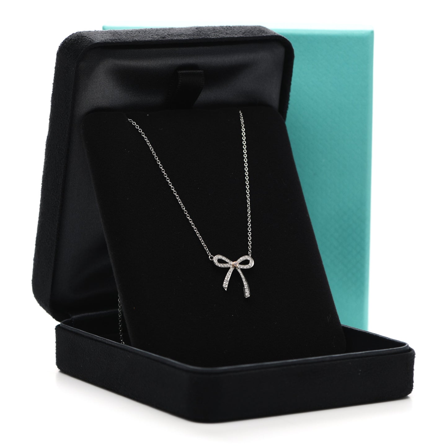 Platinum 18K Rose Gold Pink Diamond Mini Bow Pendant Necklace