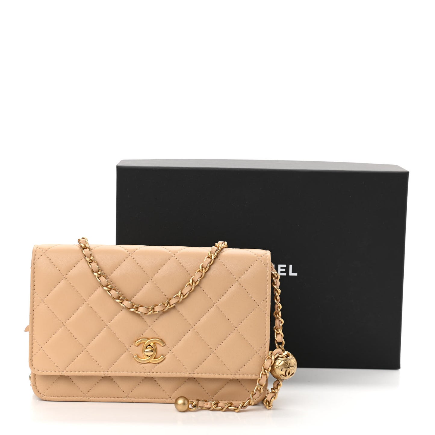 Lambskin Quilted CC Pearl Crush Wallet on Chain WOC Beige