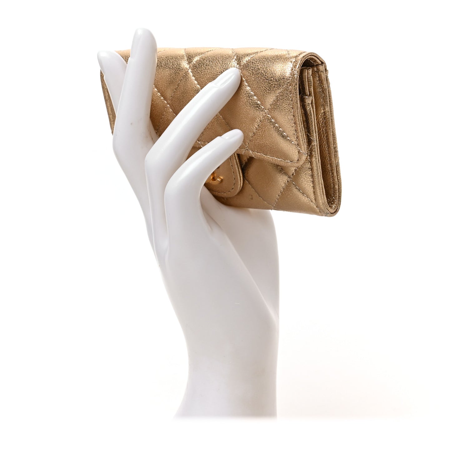 Metallic Lambskin Quilted Flap Card Holder Wallet Gold