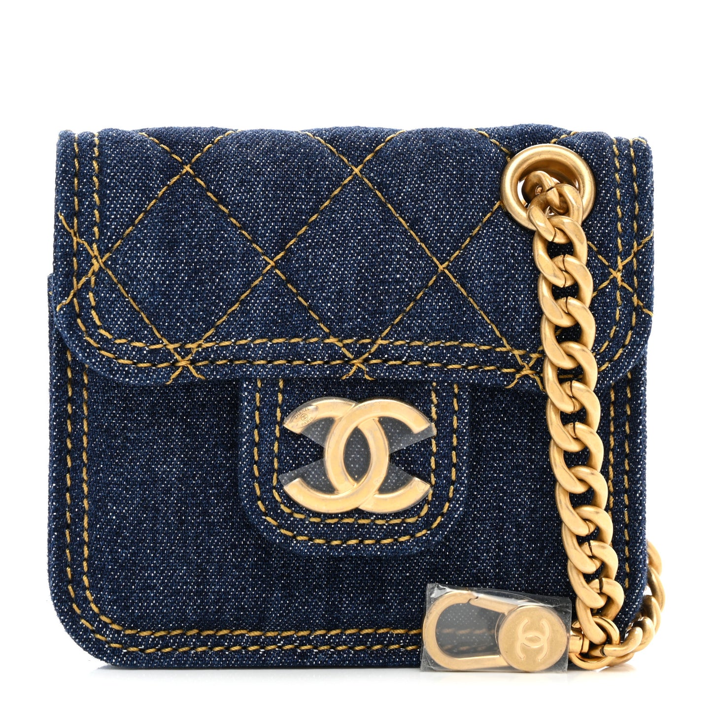 Denim Quilted Double You Flap Bag Charm Blue