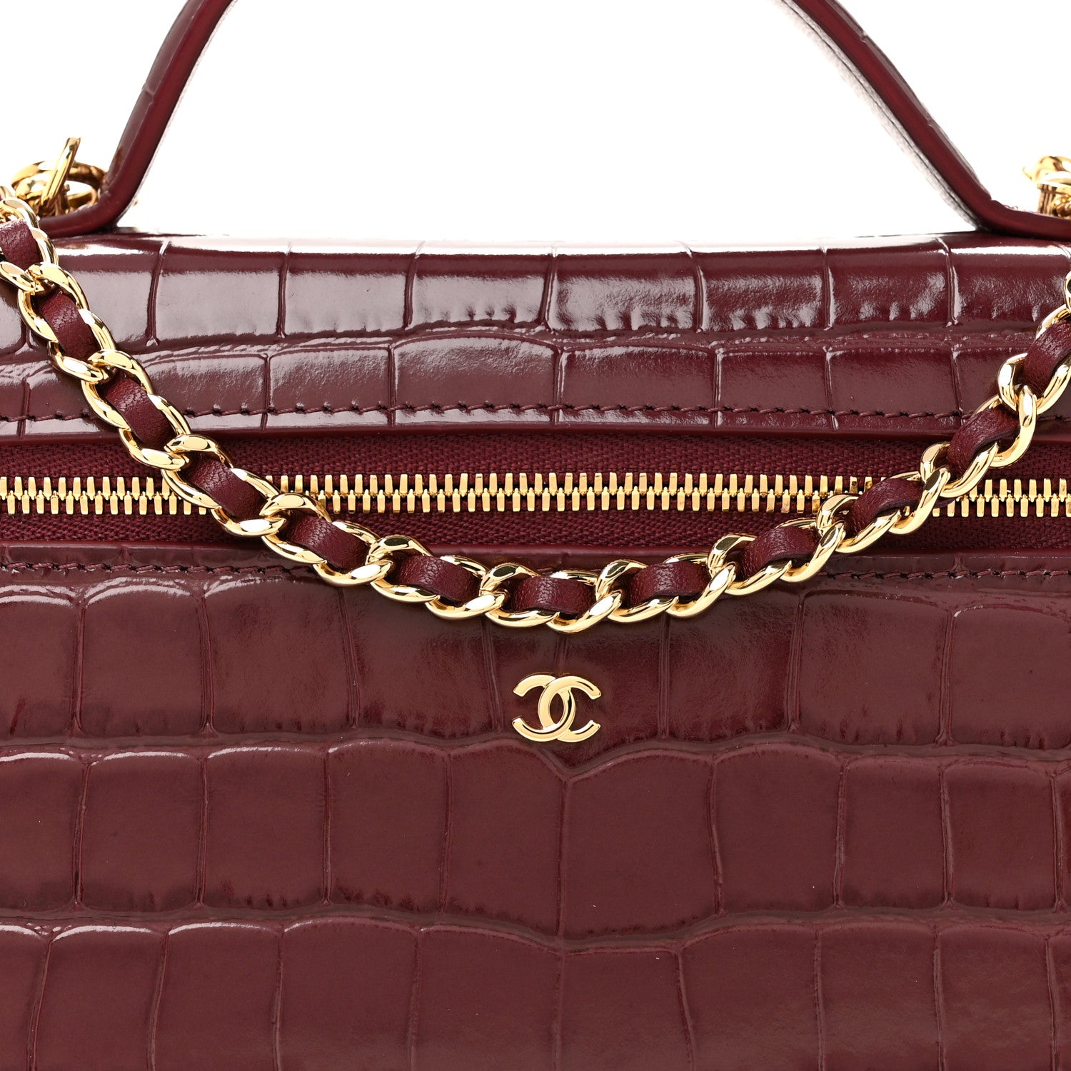 Chanel Calfskin Crocodile Embossed Crococo Top Handle Slim Vanity Case With Chain Dark Burgundy 8 of 11