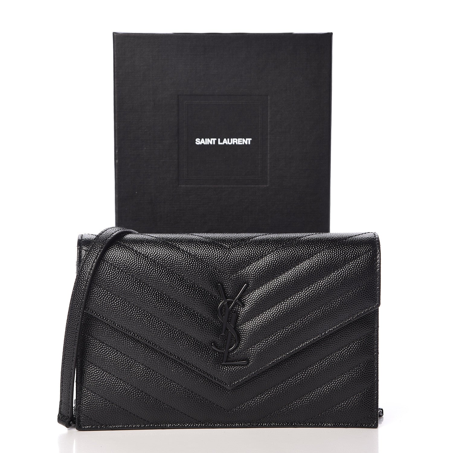 Saint Laurent Grain De Poudre Matelasse Chevron Monogram Envelope Chain Wallet Black 11 of 11