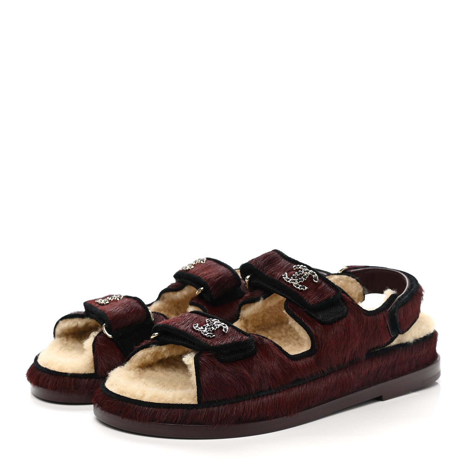 Chanel Calfskin Hair Suede Shearling Dad Sandals 37 Burgundy Black 3 of 9