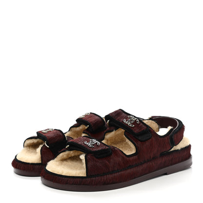 Chanel Calfskin Hair Suede Shearling Dad Sandals 37 Burgundy Black 3 of 9