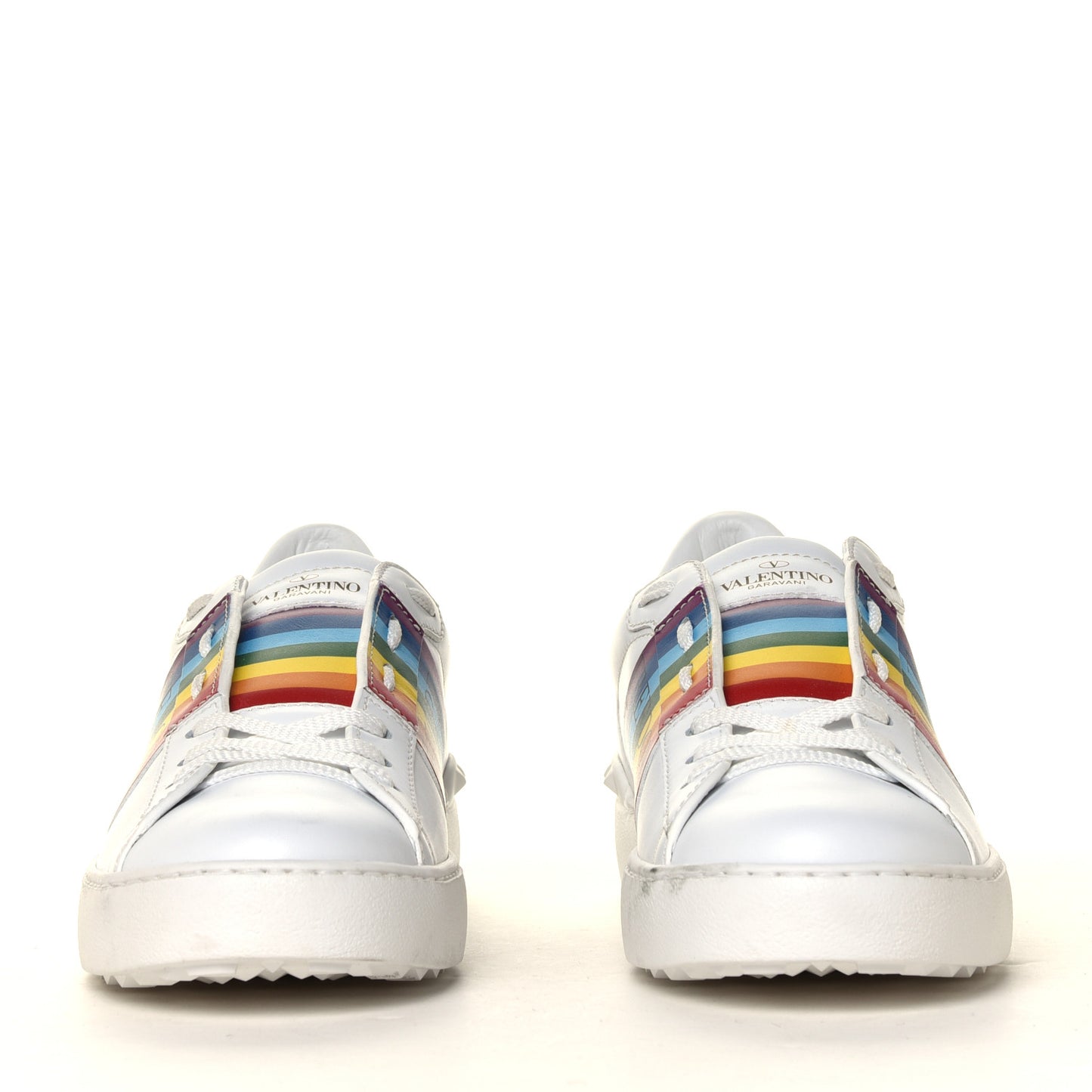 Calfskin Rainbow Printed Rockstud Open Sneakers 40 White Multicolor