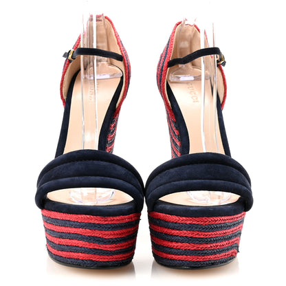 Gucci Kid Scamosciato Espadrille Platform Wedge Sandals 38.5 Red Blue 3 of 10