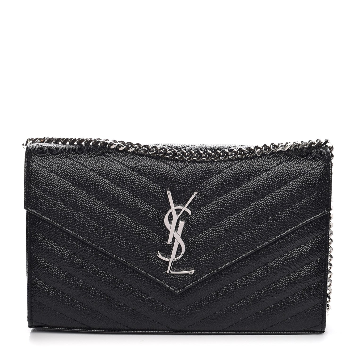 Saint Laurent Grain De Poudre Matelasse Chevron Medium Monogram Chain Wallet Black 1 of 8