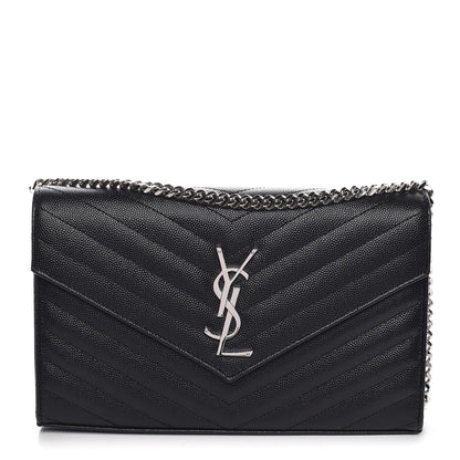 Saint Laurent Grain De Poudre Matelasse Chevron Medium Monogram Chain Wallet Black 1 of 8