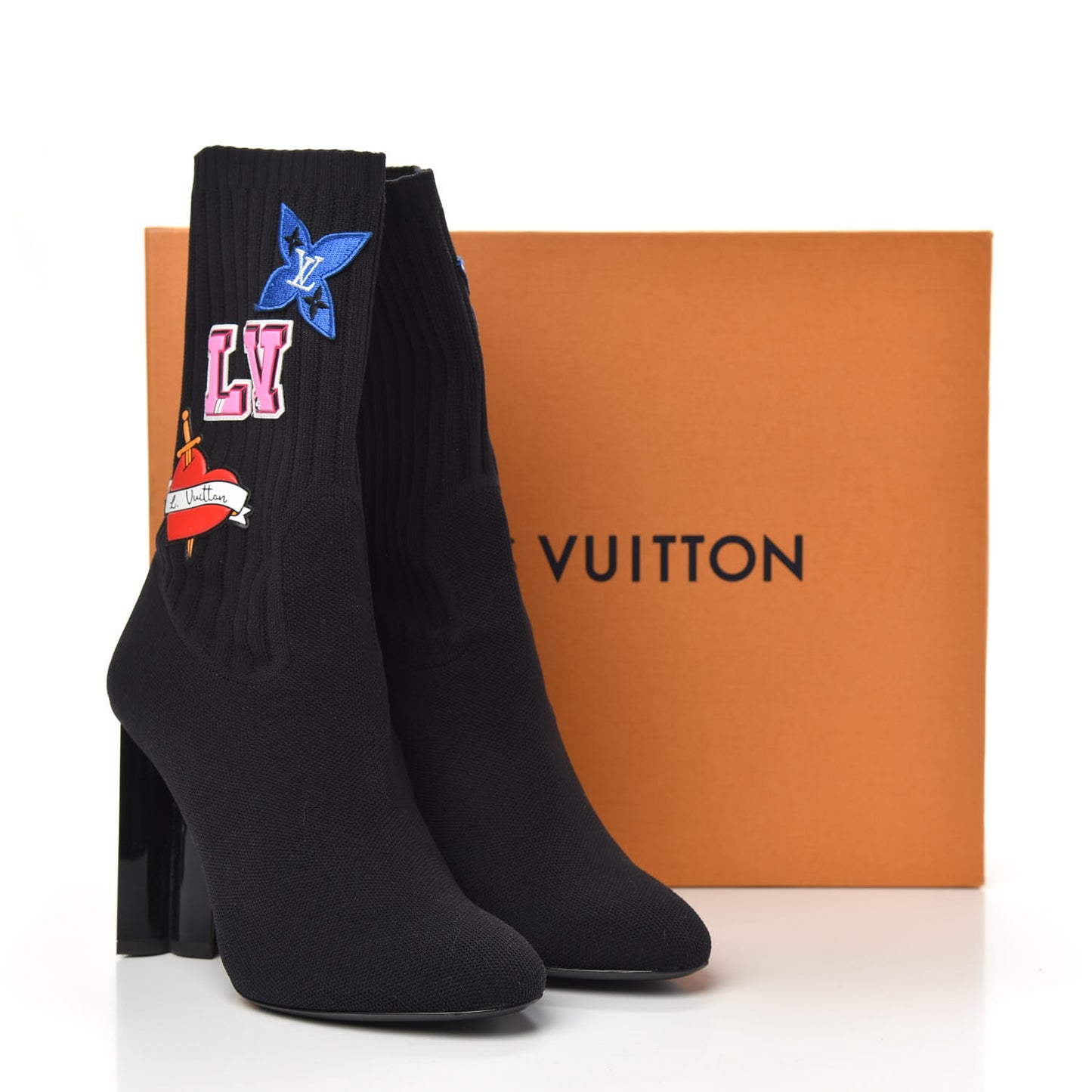Stretch Fabric LV Black Heart Sock Ankle Boots 38.5 Black