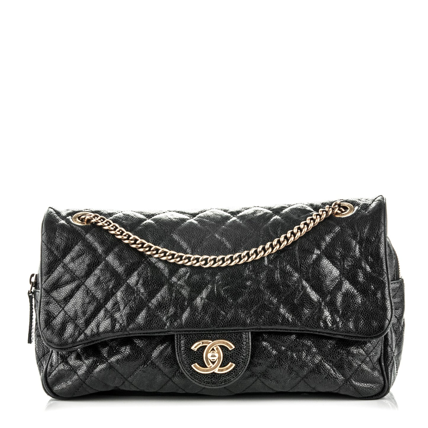 Crumpled Grained Calfskin Quilted Large Shiva Flap Black