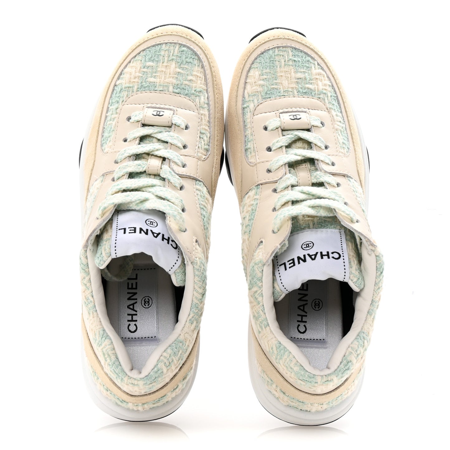Tweed Suede Calfskin Womens CC Sneakers 36.5 Blue Ecru