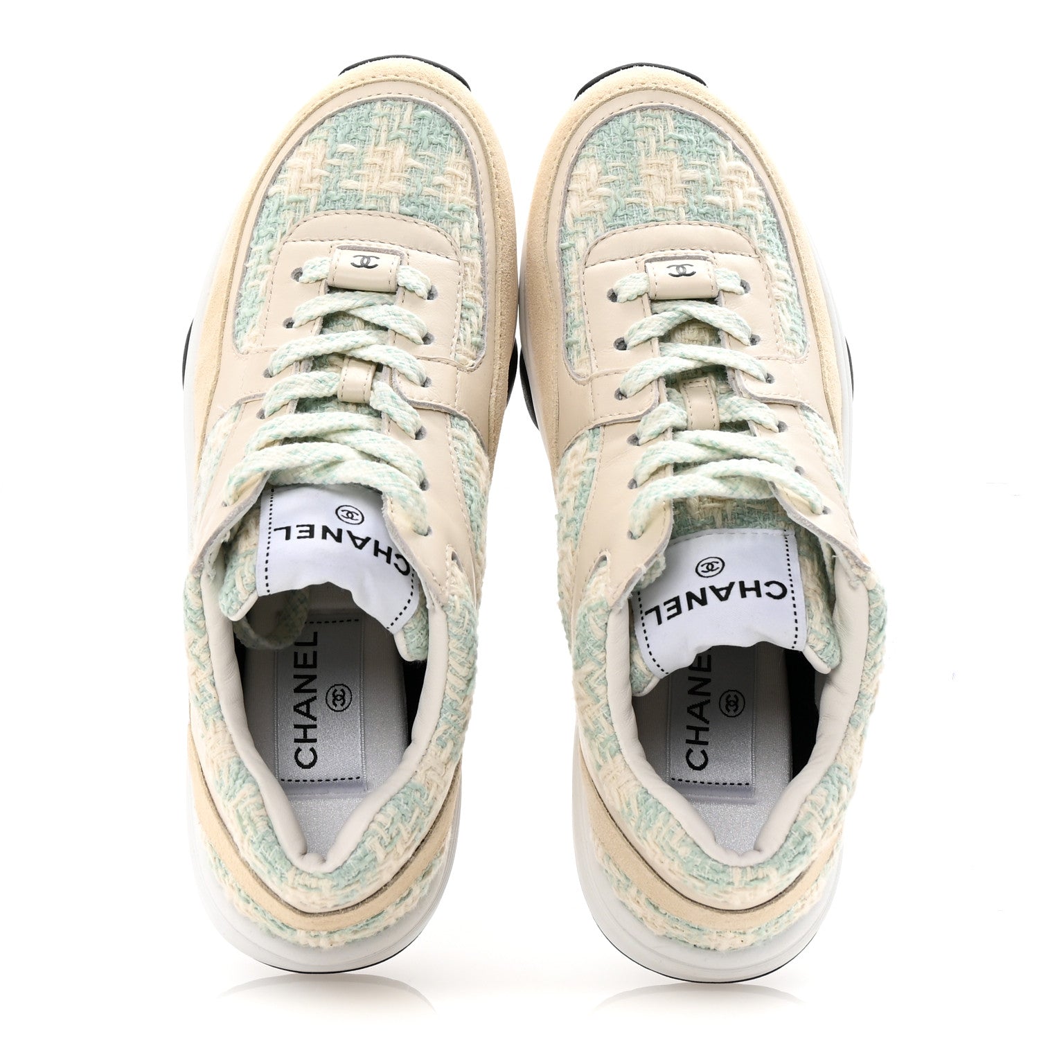 Chanel Tweed Suede Calfskin Womens CC Sneakers 36.5 Blue Ecru 2 of 9