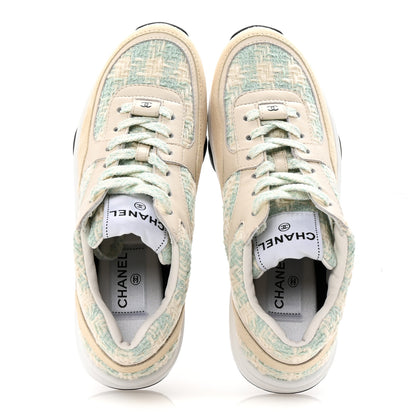 Chanel Tweed Suede Calfskin Womens CC Sneakers 36.5 Blue Ecru 2 of 9