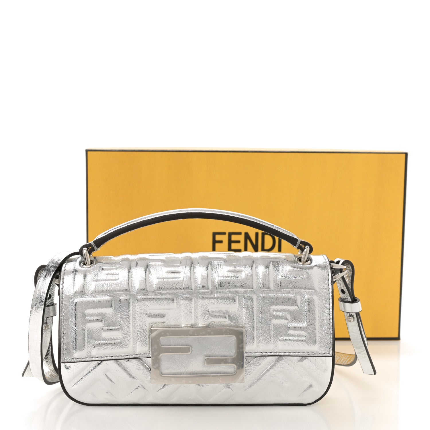 Fendi Vitello Catalan Mirror FF 1974 Embossed Phone Baguette Argento 12 of 12