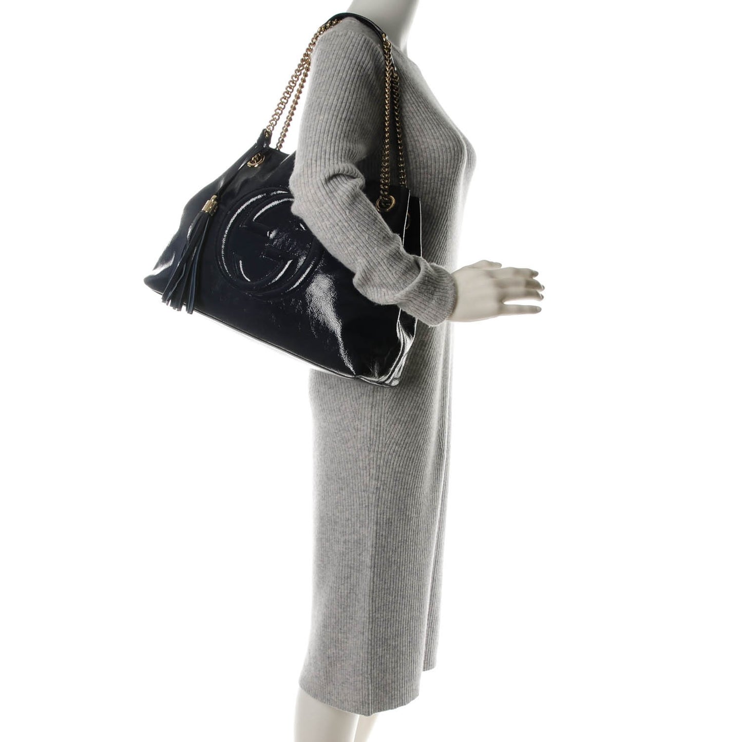 Patent Medium Soho Chain Shoulder Bag Uniform Blue