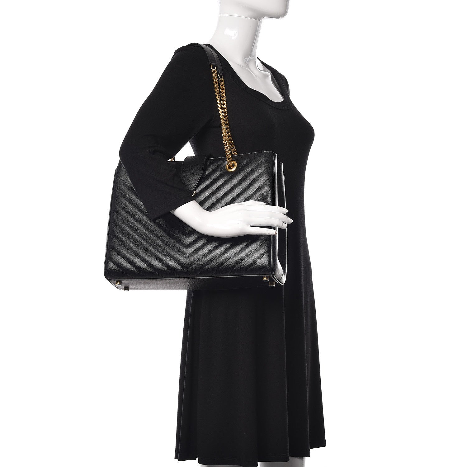 Saint Laurent Grain De Poudre Matelasse Chevron Monogram Shopping Bag Black 2 of 11