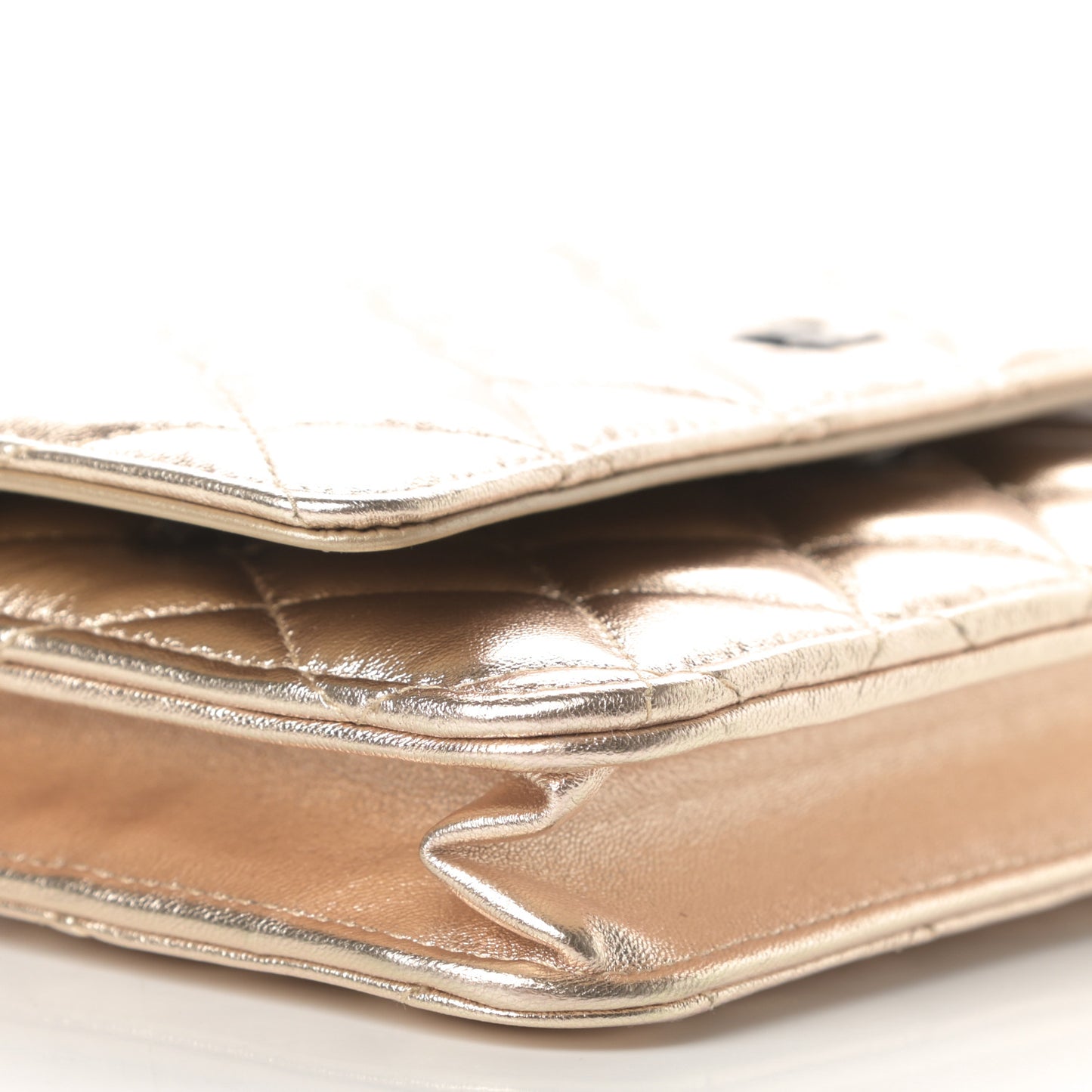 Metallic Lambskin Quilted Wallet On Chain WOC Gold Black