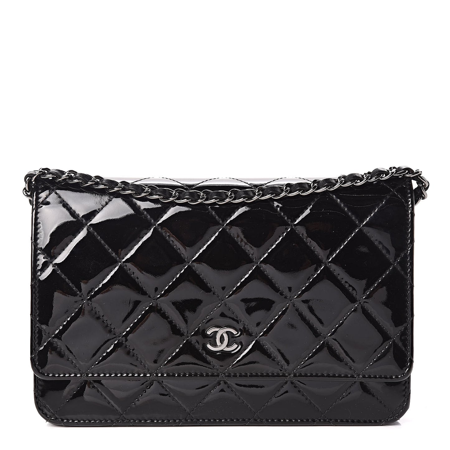 Patent Quilted Wallet On Chain WOC Black