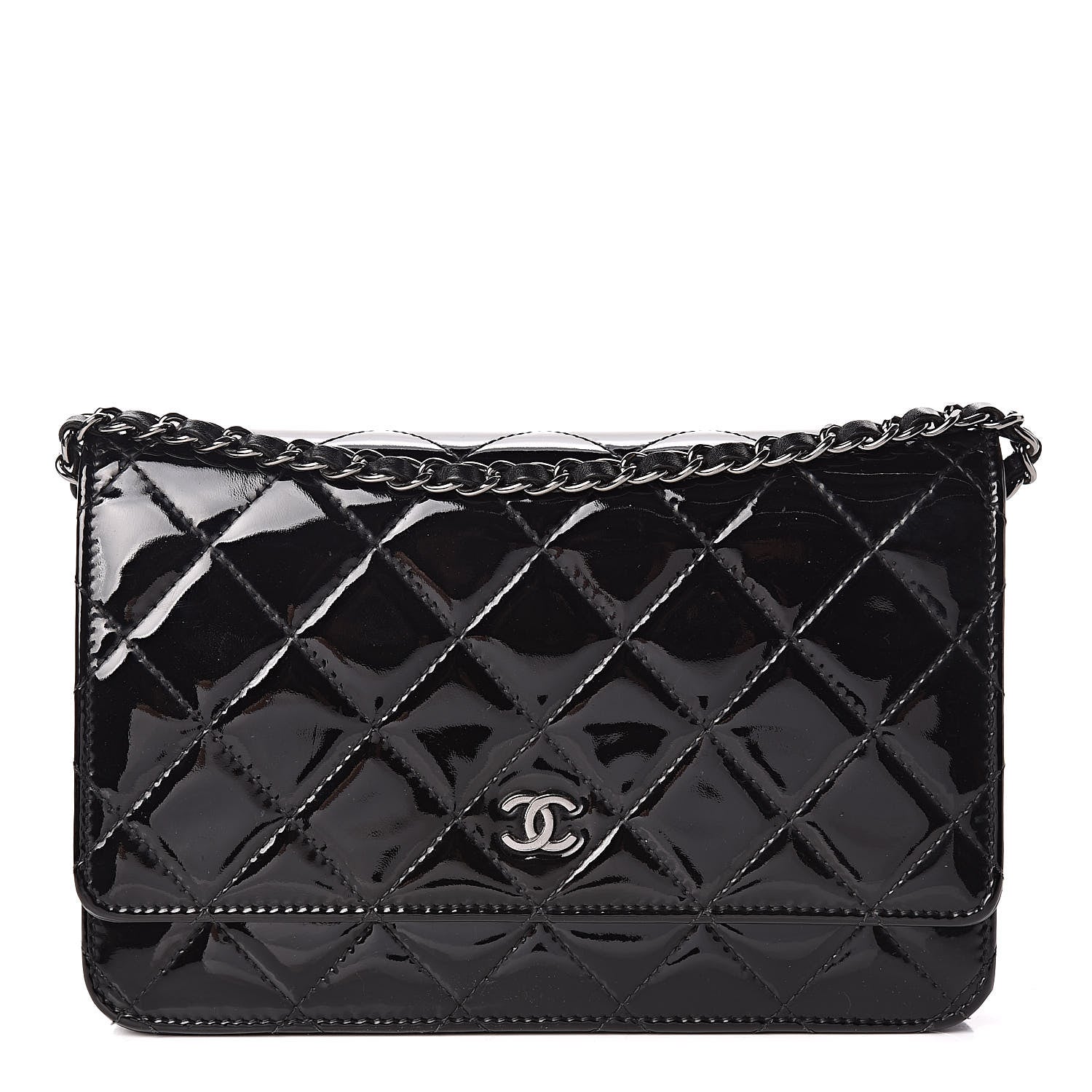 Chanel Patent Quilted Wallet On Chain WOC Black 1 of 14